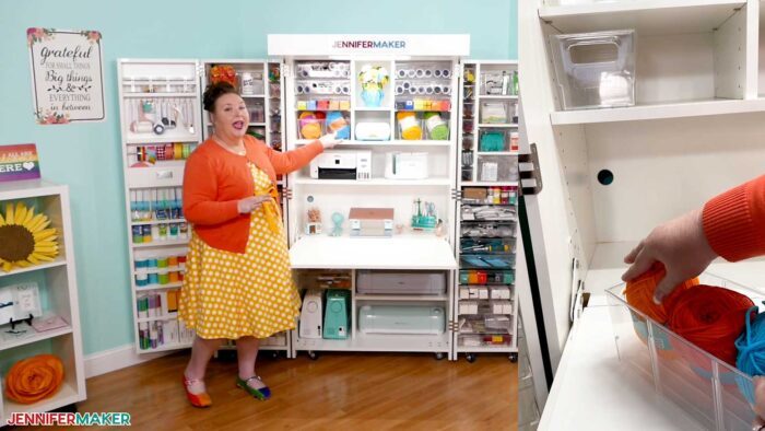 Jennifer Maker demonstrating medium tote space in the DreamBox 2 craft storage furniture.