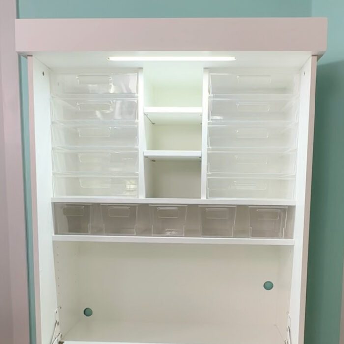The top of a Dreambox Center assembled with empty storage totes.