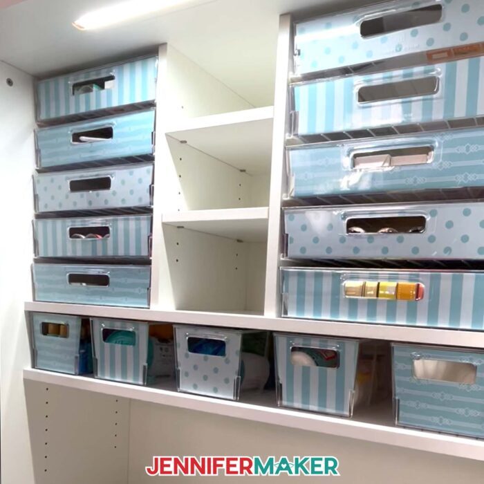 Top half of the Dreambox Center. Shelves filled with storage containers.