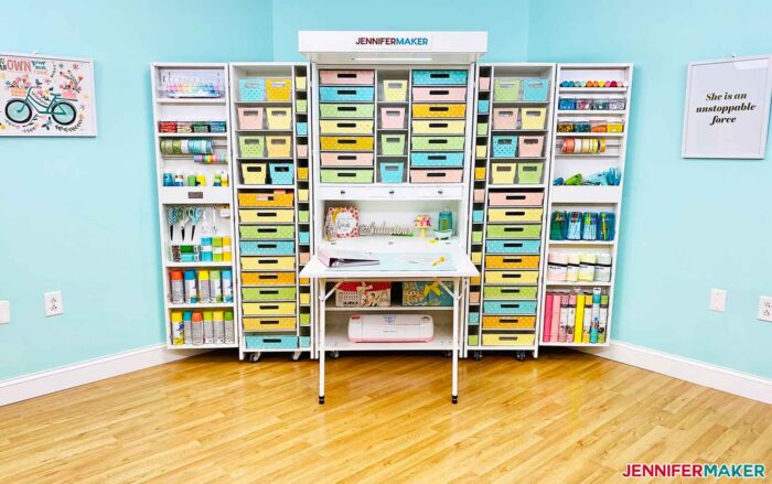 DreamBox Craft Storage all set up and organized with pretty polka dot storage totes