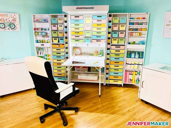 DreamBox Craft Storage all set up and organized with pretty polka dot storage totes