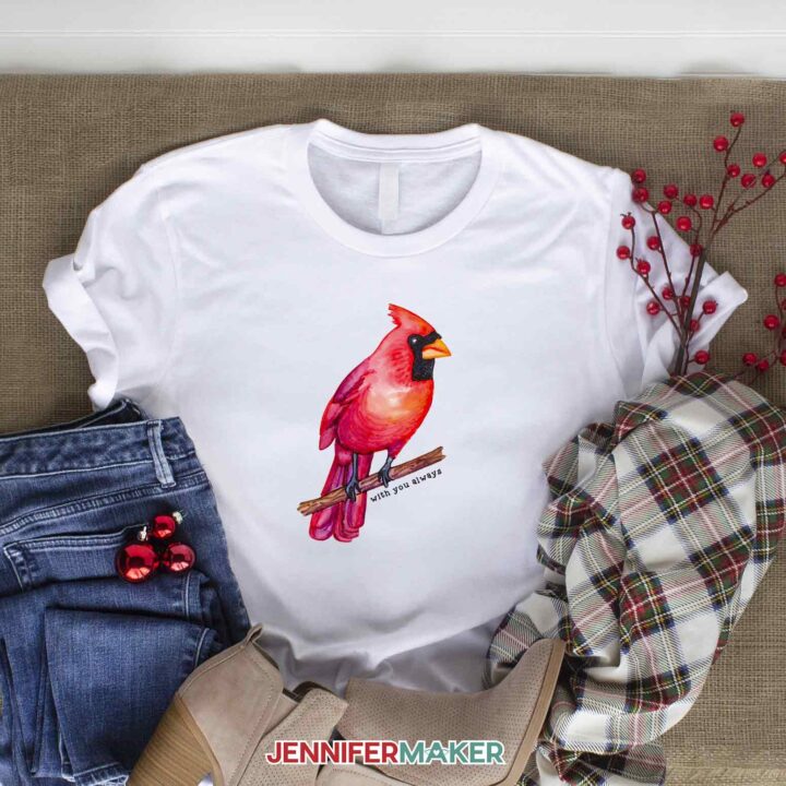 White cotton shirt with red cardinal made with DTF sublimation at home