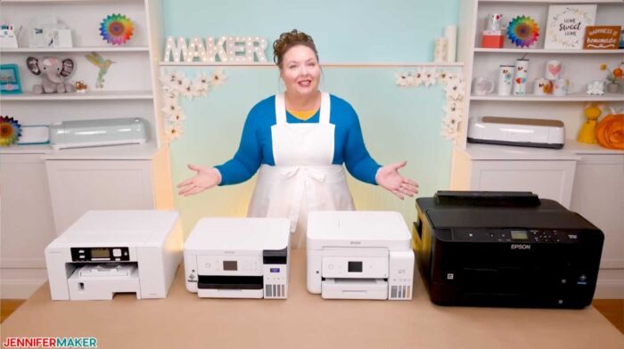 Jennifer Maker with four sublimation printers -- the Sawgrass, Epson SureColor, Epson EcoTank, Epson Workforce