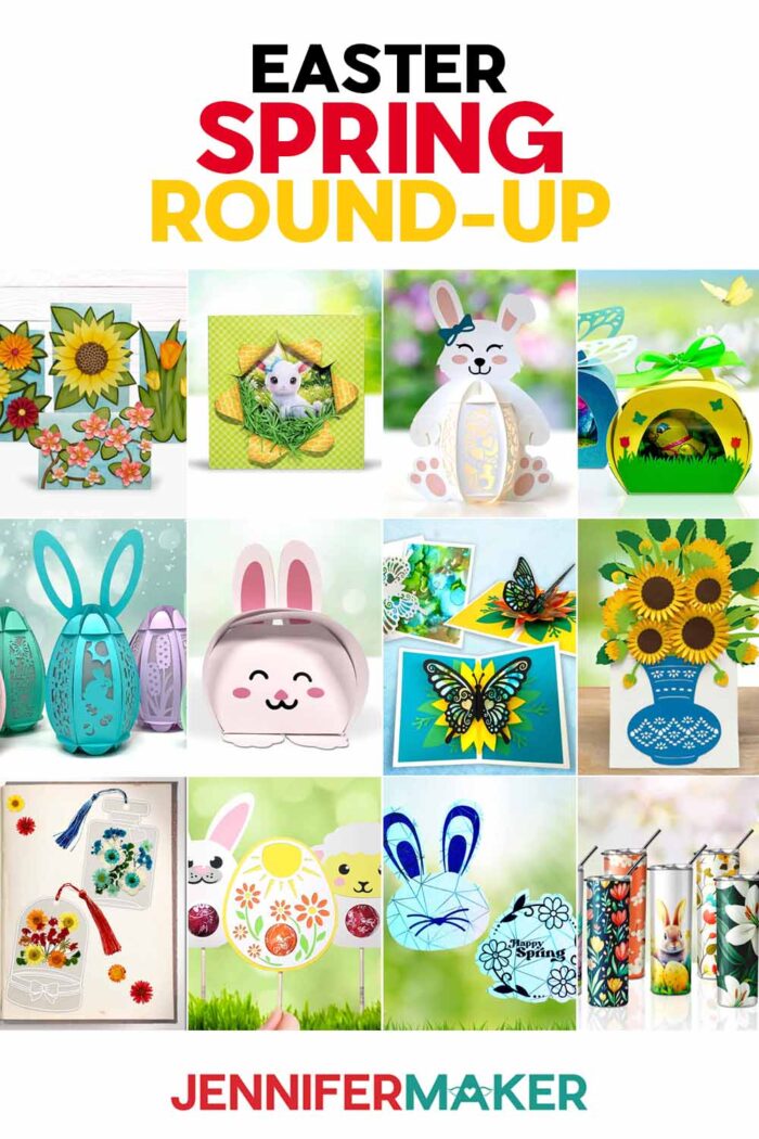 Collage of Easter Cricut craft projects you can make this spring, including lanterns, cards, decor, gifts, and more. Get the free files at jennifermaker.com