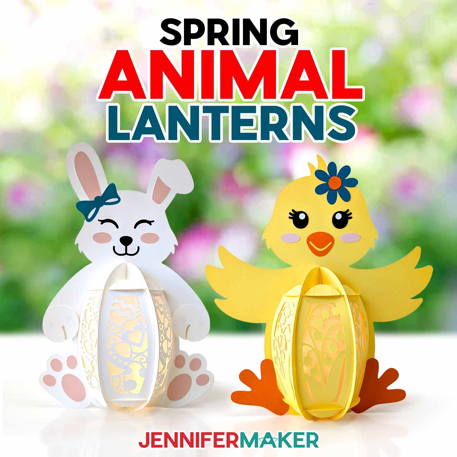 Cute cardstock lanterns shaped like a bunny and a chick with intricate panels and paper details. Learn how to make spring animal Easter Lanterns with the free tutorial and SVG files!