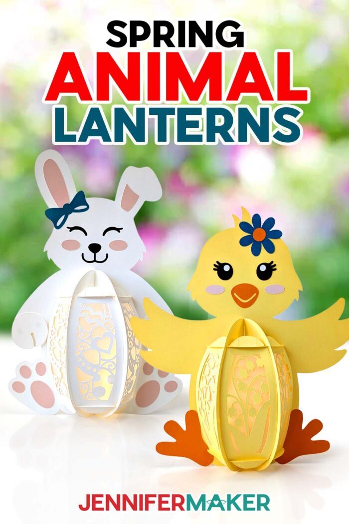 Learn how to make spring animal Easter Lanterns with the free tutorial and SVG files! Cute cardstock lanterns shaped like a bunny and a chick with intricate panels and paper details sit outside