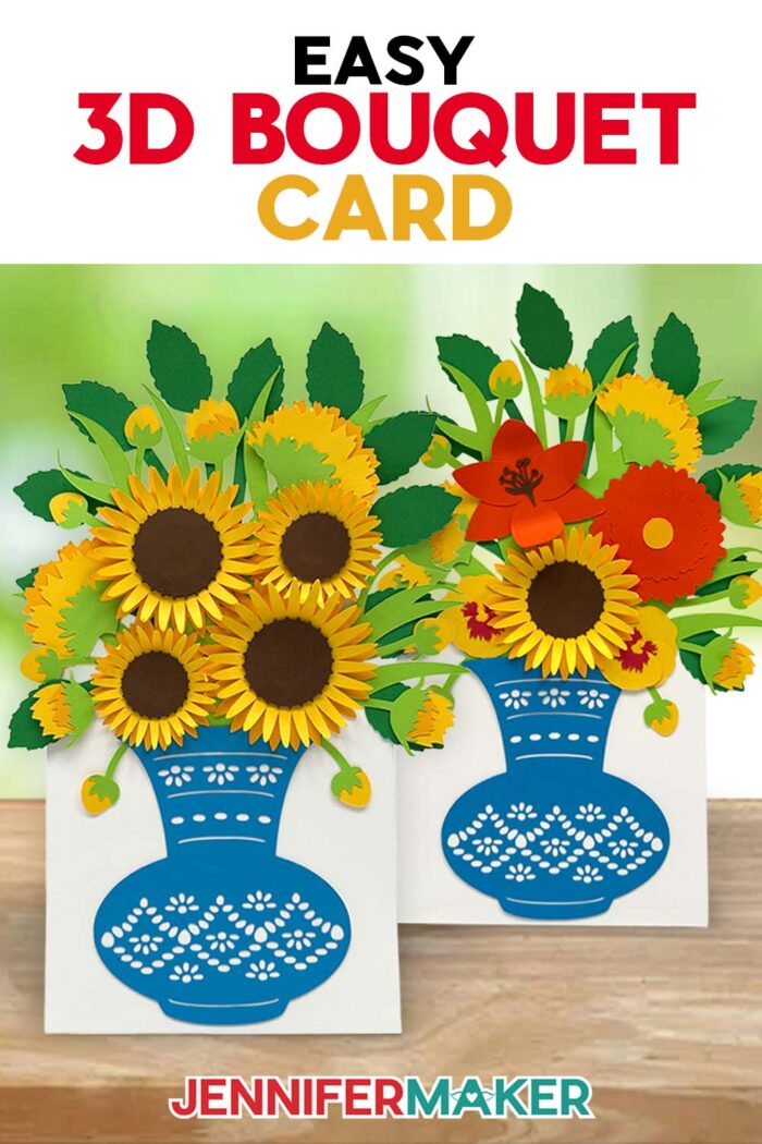 Make an Easy 3D Bouquet Card with JenniferMaker's free tutorial! Make an Easy 3D Bouquet Card! Two cardstock flower bouquet cards sit side by side, one with sunflowers and one with a mix of yellow, orange, and red blooms, both in an intricate blue paper vase with a built-in stand
