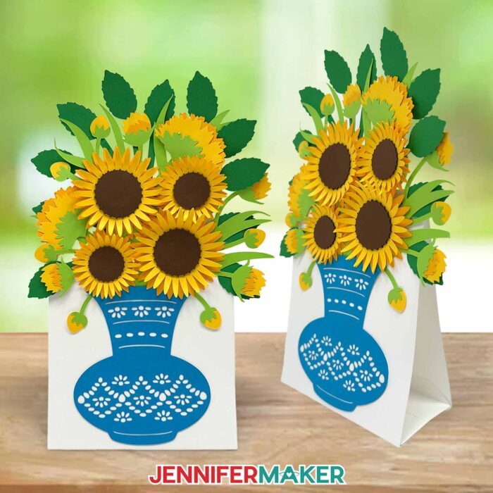 Two angles of an Easy 3D Bouquet Card featuring cardstock sunflowers and an intricate blue vase, stands up against a sunlit indoor background
