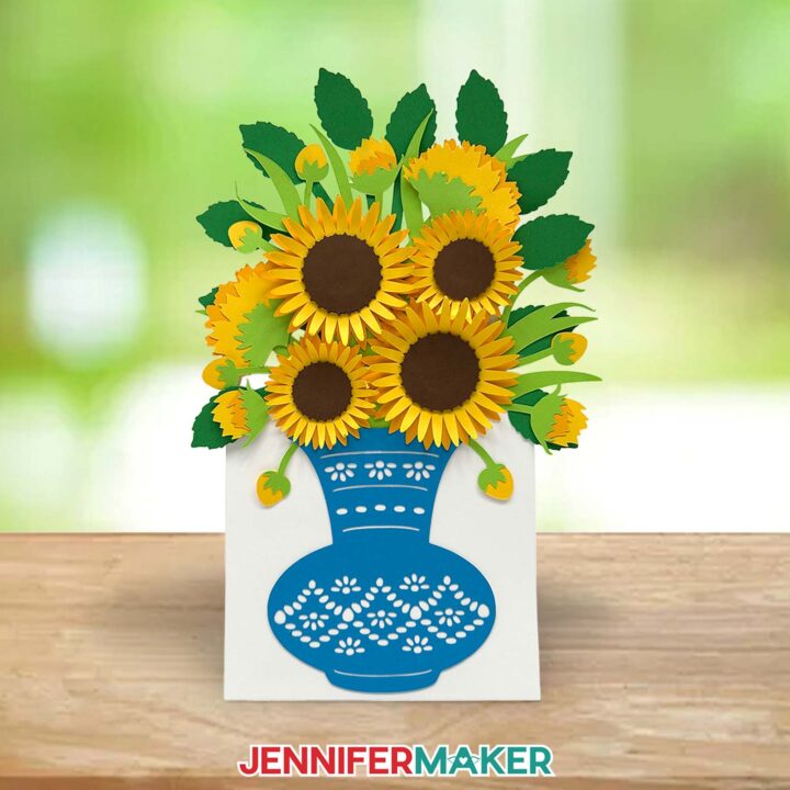 The finished easy 3d bouquet card is sitting on a wooden table.
