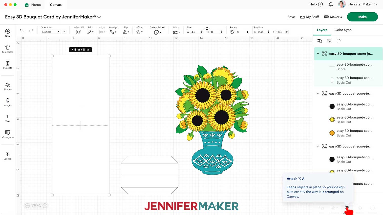 The card base for the bouquet card and the score have been selected and the cursor hovers over the Attach button.