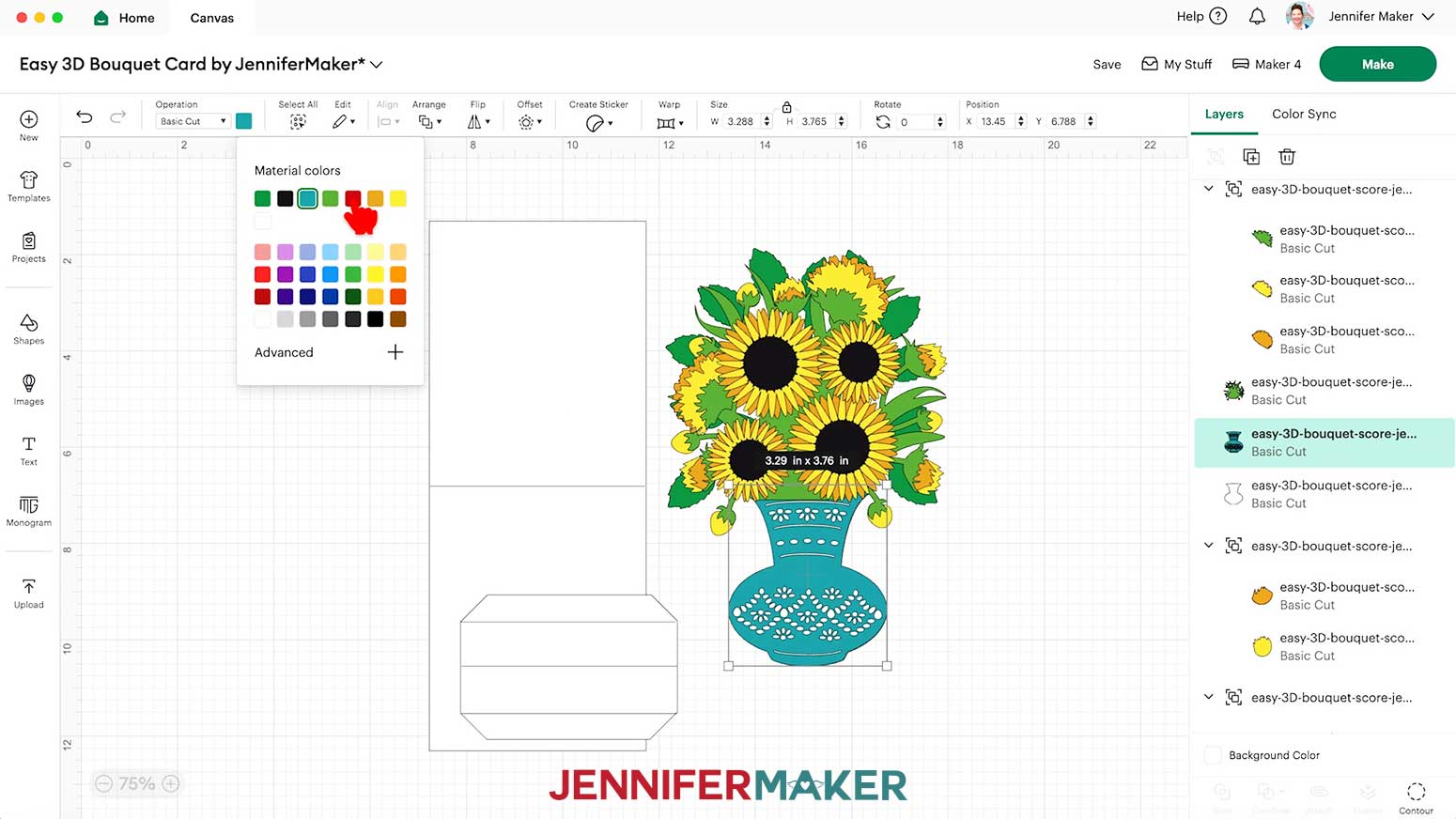 The vase for the bouquet card is selected and the cursor hovers over red in the color finder palette.