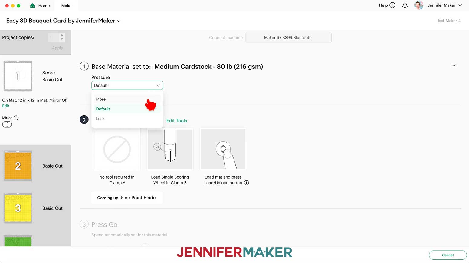 In the Make screen of Design Space, the Medium Cardstock setting is selected and the cursor hovers over the drop down menu item More.