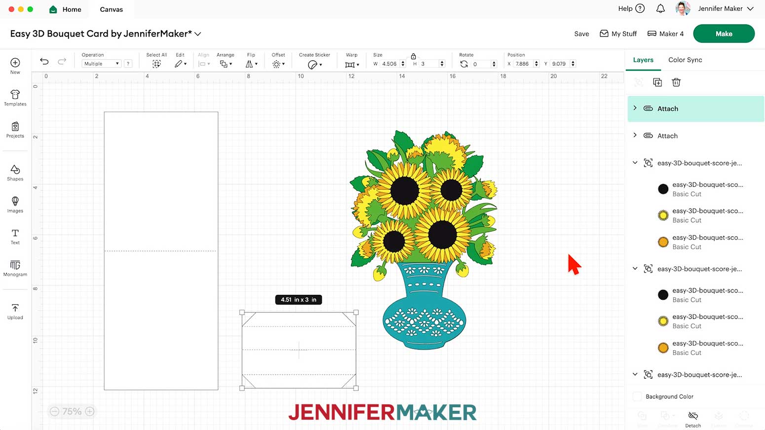 The score lines have been attached to the base and the inner stand of the 3d bouquet card.