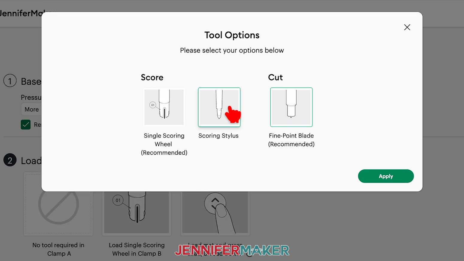 The tool options menu in Design Space is open and the hand cursor hovers over the Scoring Stylus option.