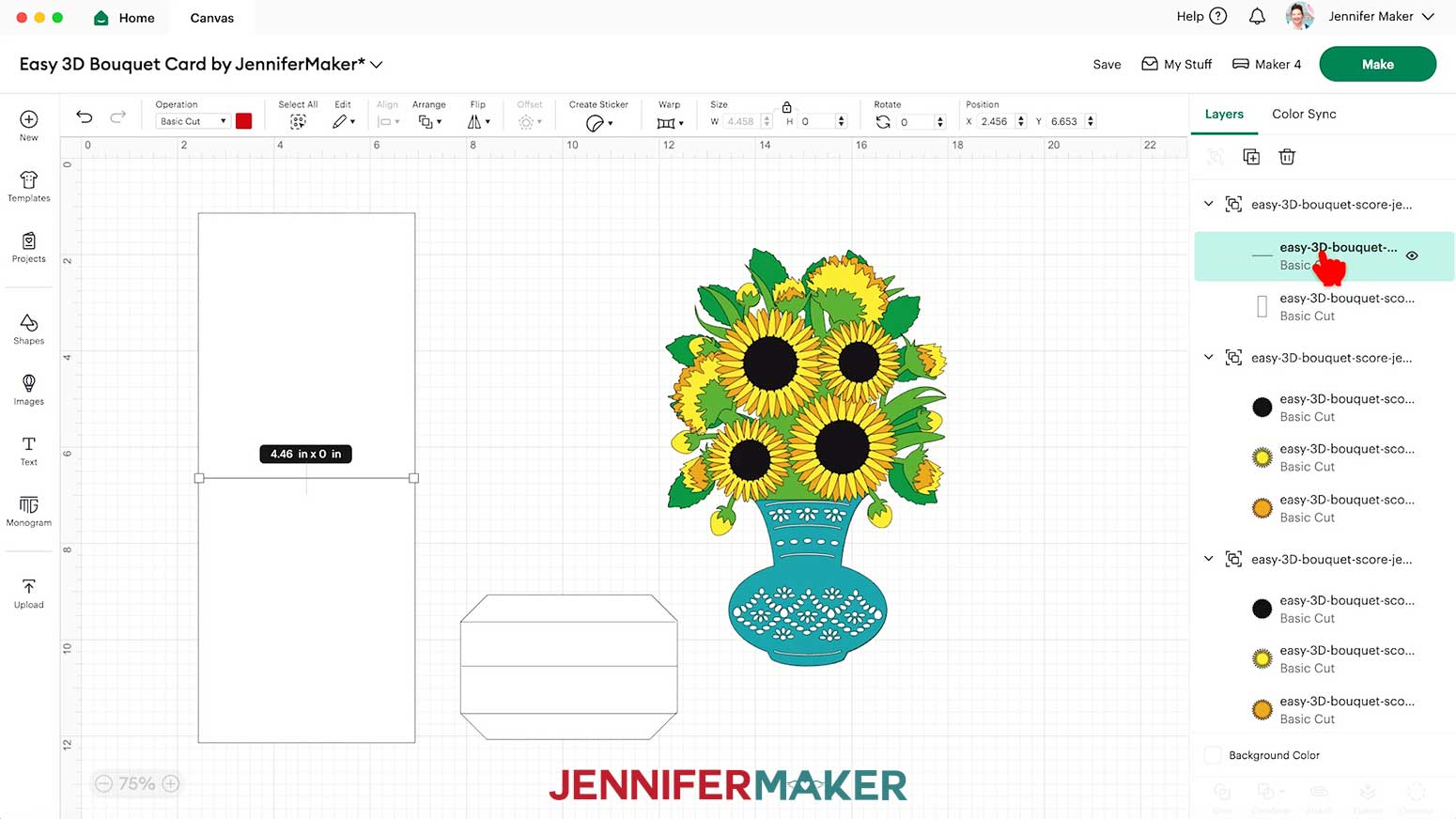 The cut line on the card base of the easy 3d bouquet card is selected.