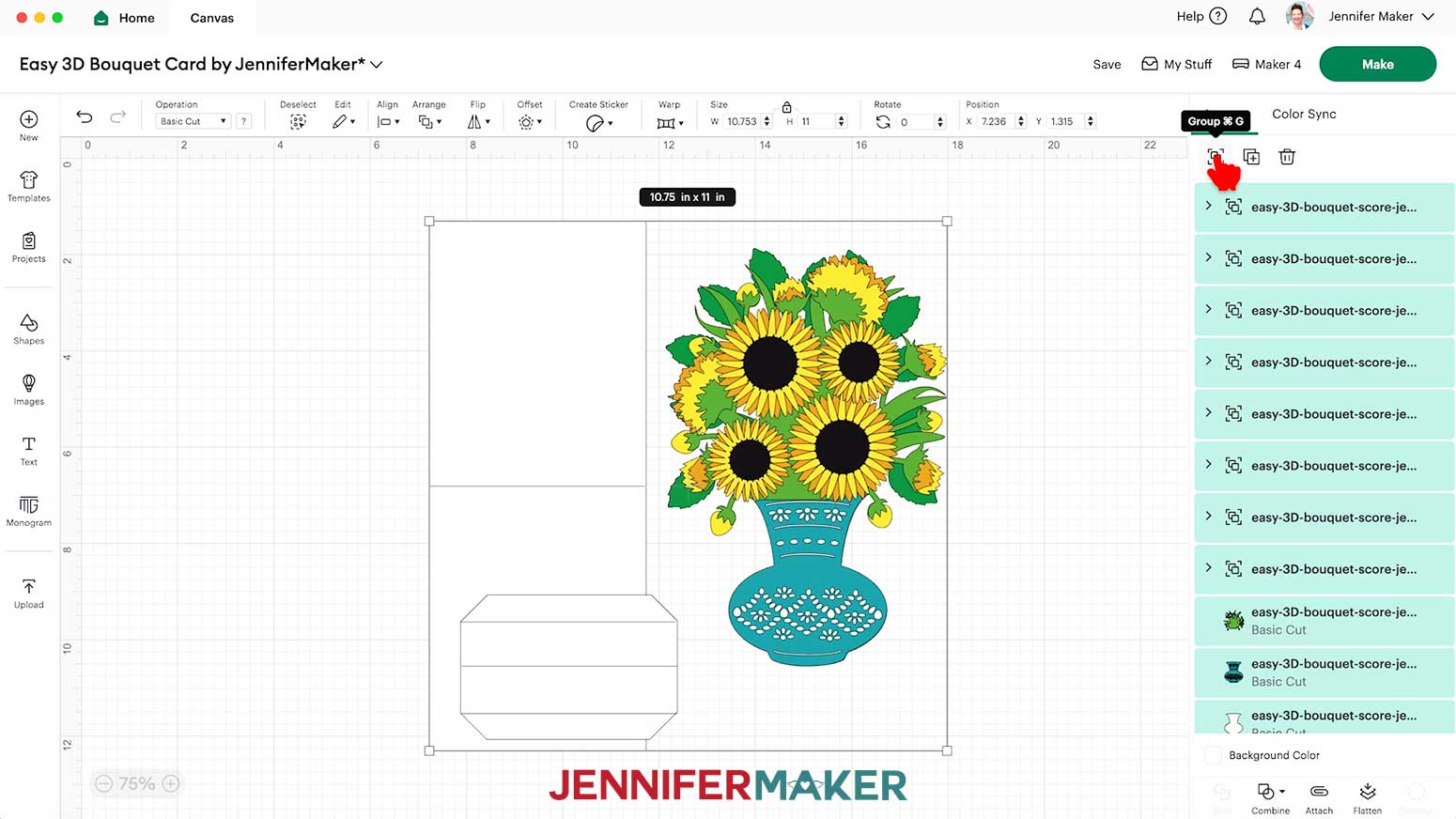 The Design Space canvas shows the full easy 3d bouquet design and the red hand cursor hovers over the group/ungroup button.