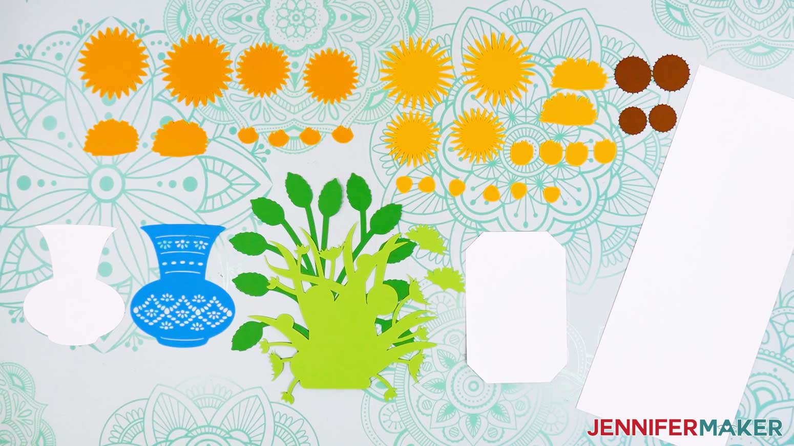 All the pieces of the easy 3d bouquet card are laid out face up and organized.