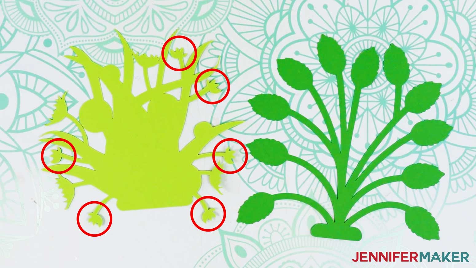 Both the foliage layers for the easy 3d bouquet card are show and the small sepals are circled in red.