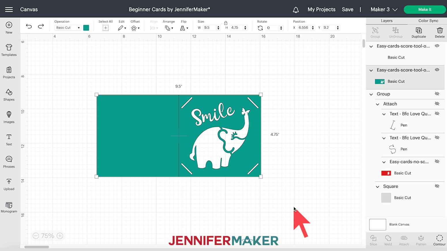 image of easy cricut card elephant on canvas in design space