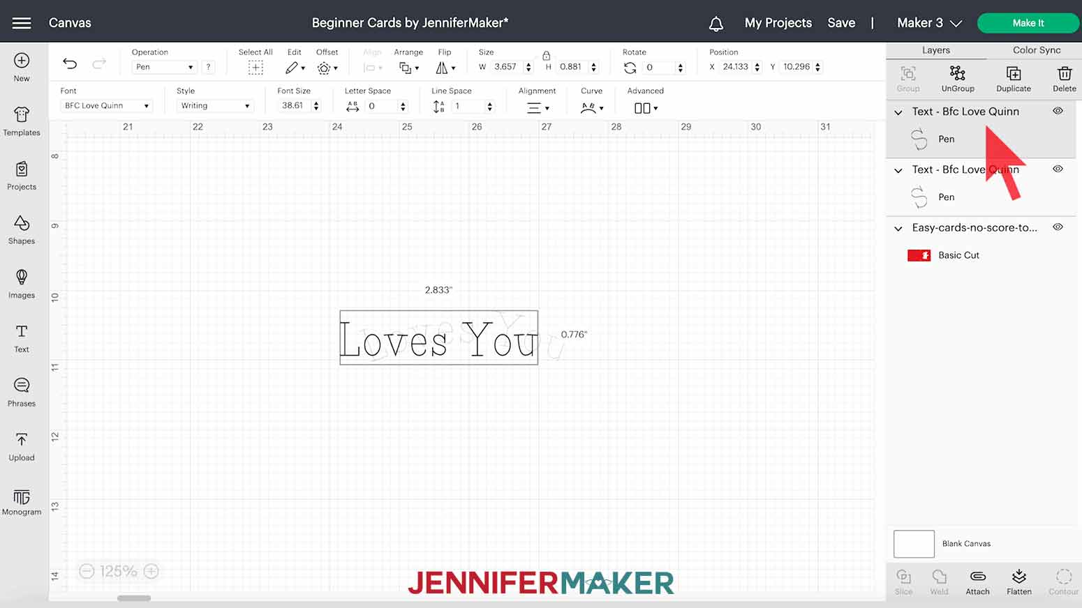 image of adding text "loves you" to design space canvas