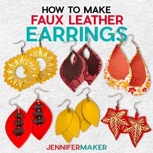 Learn to make easy DIY earrings using faux leather with JenniferMaker's tutorial! Six pairs of faux leather earrings in the orange, golden yellow, and brown colors of fall, with accents of beads and patterned and metallic gold vinyl.