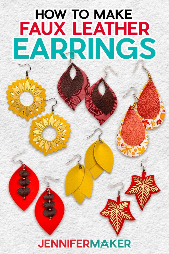 Learn to make easy DIY earrings using faux leather with JenniferMaker's tutorial! Six pairs of faux leather earrings in the orange, golden yellow, and brown colors of fall, with accents of beads and patterned and metallic gold vinyl.