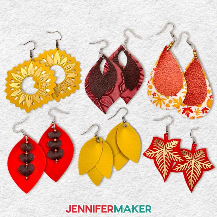 Learn to make easy DIY earrings using faux leather with JenniferMaker's tutorial! Six pairs of faux leather earrings in the orange, golden yellow, and brown colors of fall, with accents of beads and patterned and metallic gold vinyl.