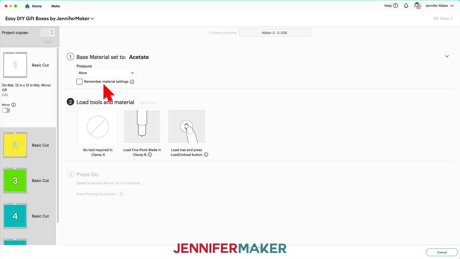The Design Space Make menu is open and the settings Acetate has been selected as well as the More pressure setting.