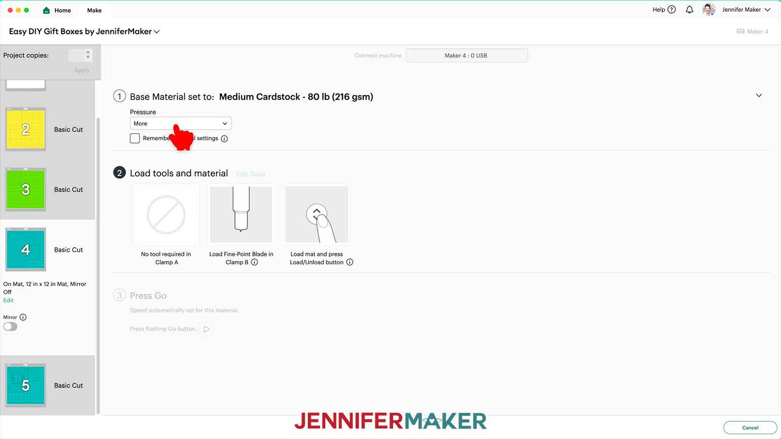 The Make menu in Design Space is open and the Base Material is set to Medium cardstock with the pressure set to More.