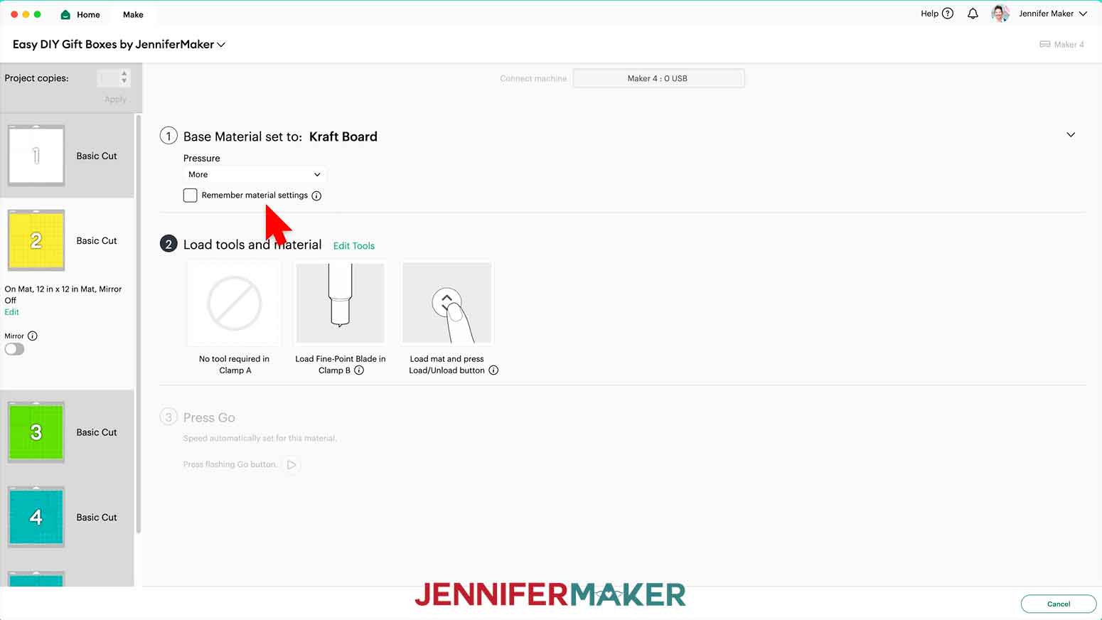 The Make menu is open in Design Space and the base material is set to Kraft Board while the pressure is set to more.