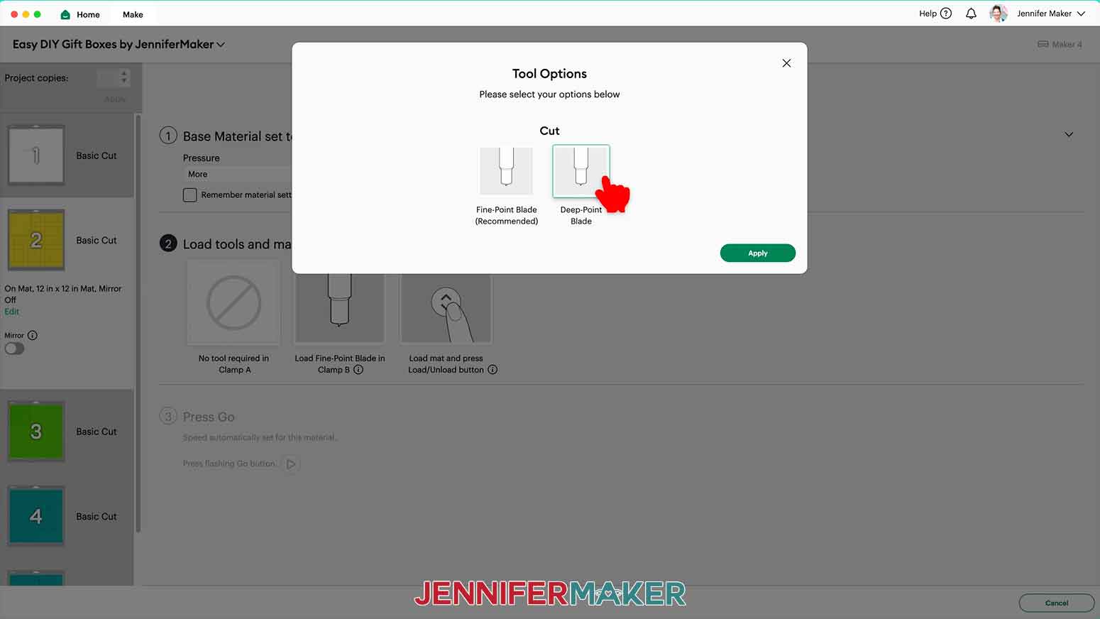 The tool menu is open in Design Space and the cursor hovers over the Deep Point Blade option.