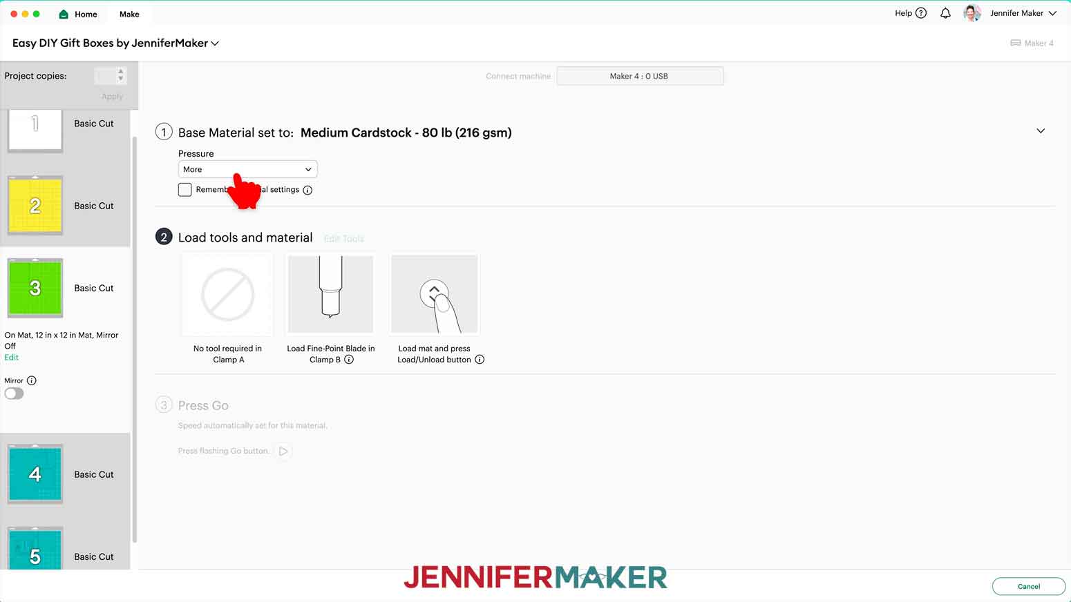The Make menu is open in Design Space and the Medium Cardstock setting has been selected with the pressure set to More.