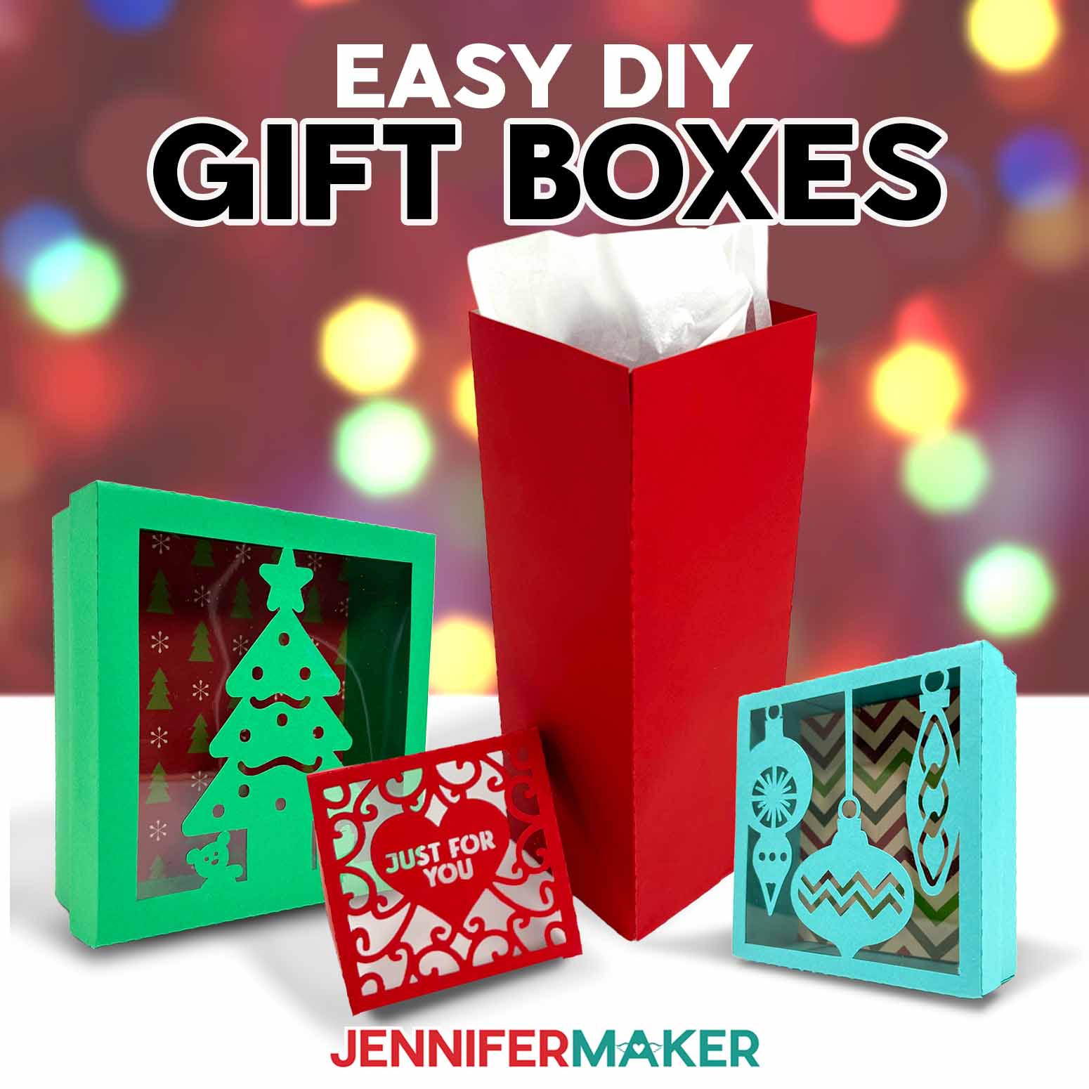 Easy DIY Gift Boxes cut from cardstock for the holidays, with personalized details, against a twinkle light backdrop