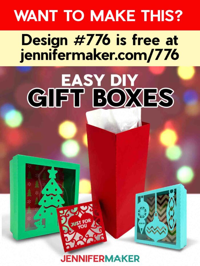 Easy DIY Gift Boxes cut from cardstock for the holidays, with personalized details, against a twinkle light backdrop. Want to make this? Design #776 is free at jennifermaker.com/776