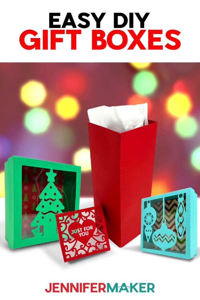 Easy DIY Gift Boxes cut from cardstock for the holidays, with personalized details, against a twinkle light backdrop. Learn how to make your own with the free tutorial and files