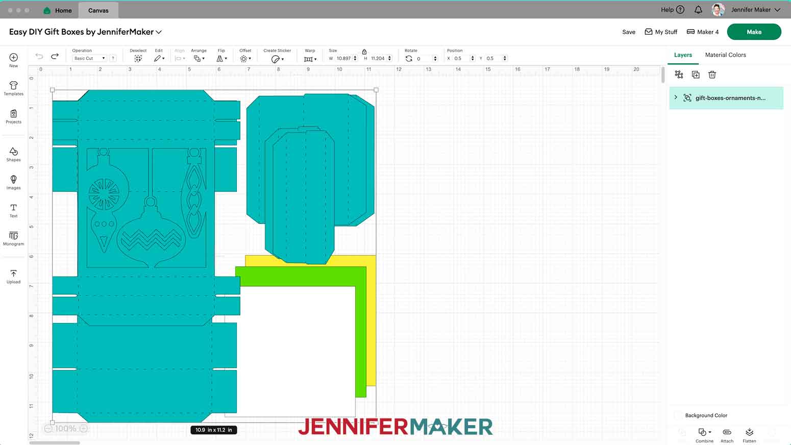 The easy diy gift boxes file is open and the ornament box is shown on the screen.