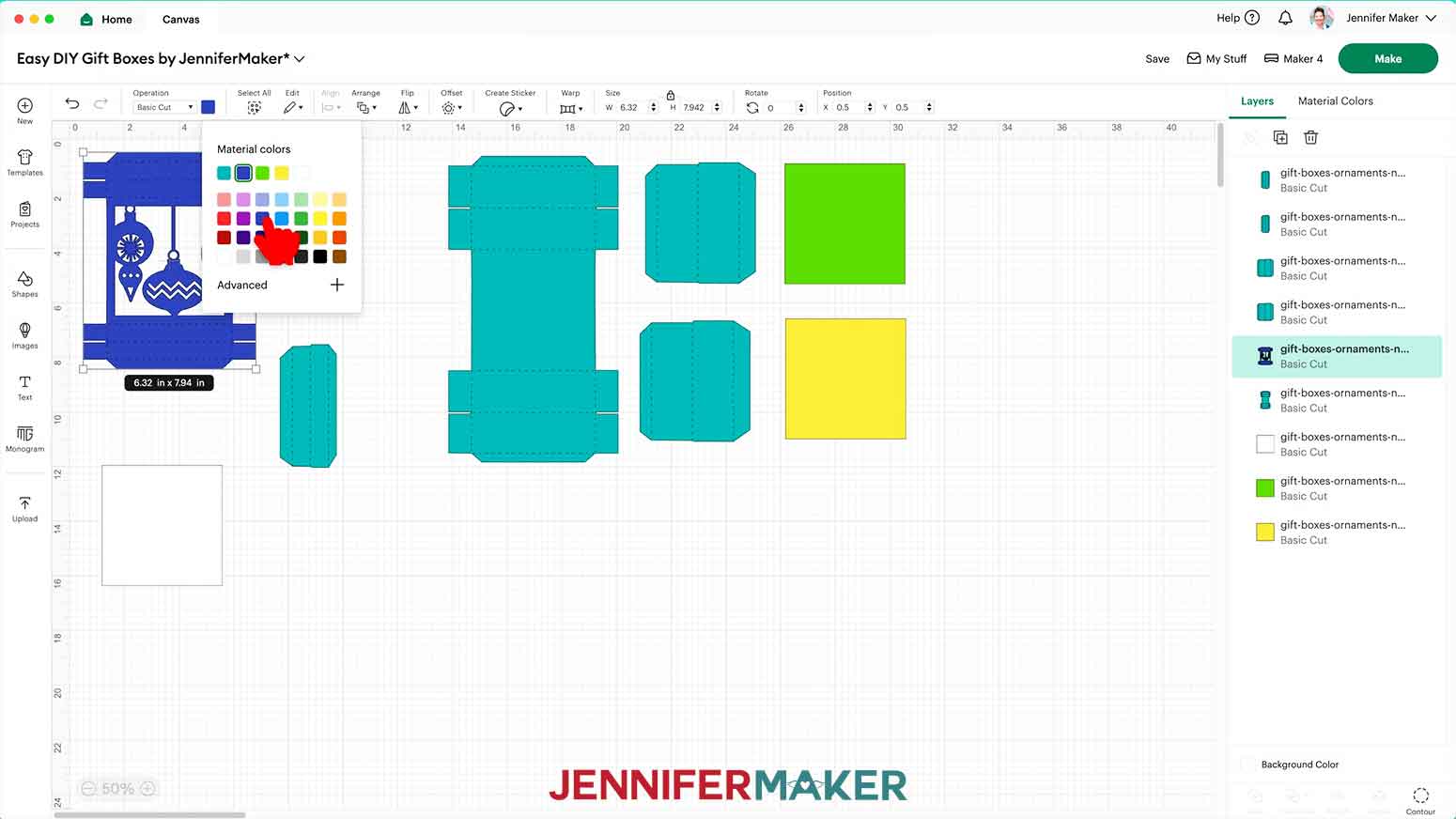 The gift box lid has been selected and changed from teal to blue and the cursor hovers over the blue swatch in the material colors menu.