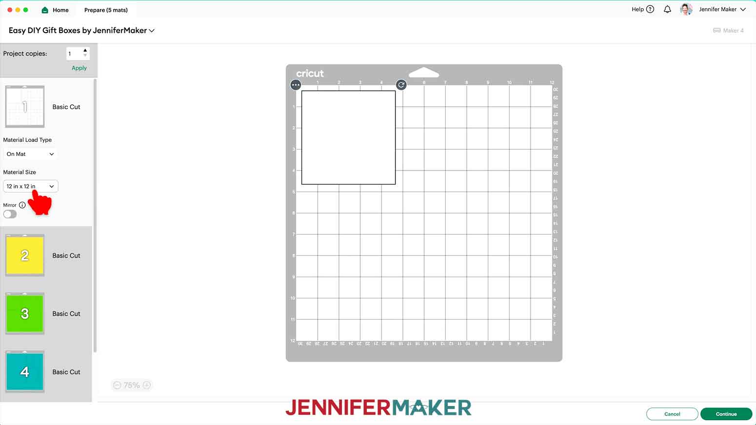 The Design Space Prepare screen is open and on the first mat the cursor hovers over the 12 x 12 paper size option.