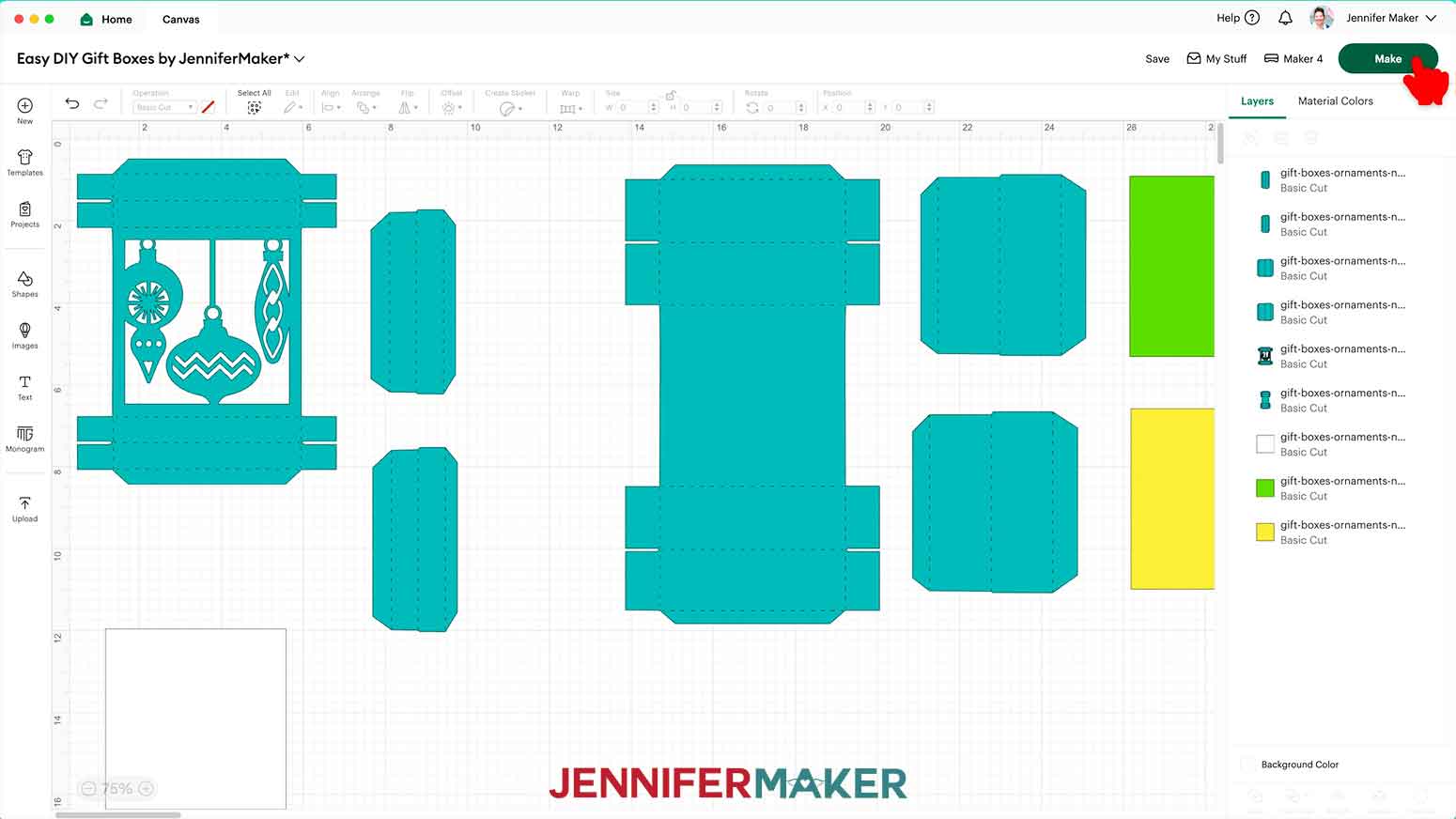 The gift box pieces are spread out on the DS Canvas and the cursor hovers over the Make button.