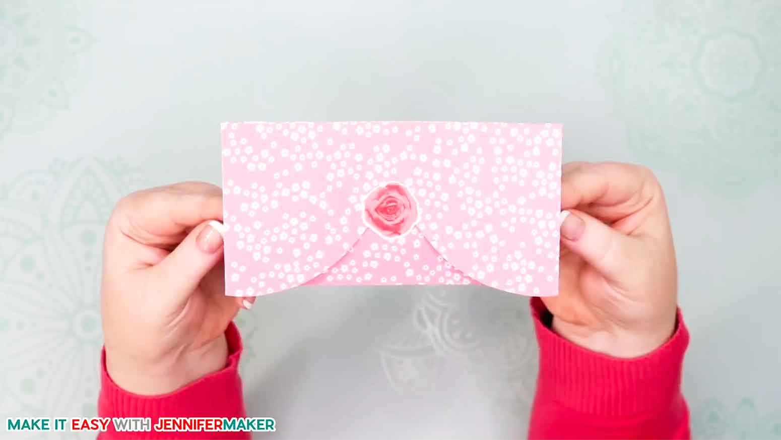 The finished pretty pink easy paper heart envelope card with rose sticker!
