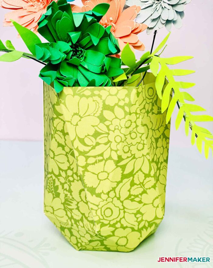 Narrow paper vase in green damask cardstock