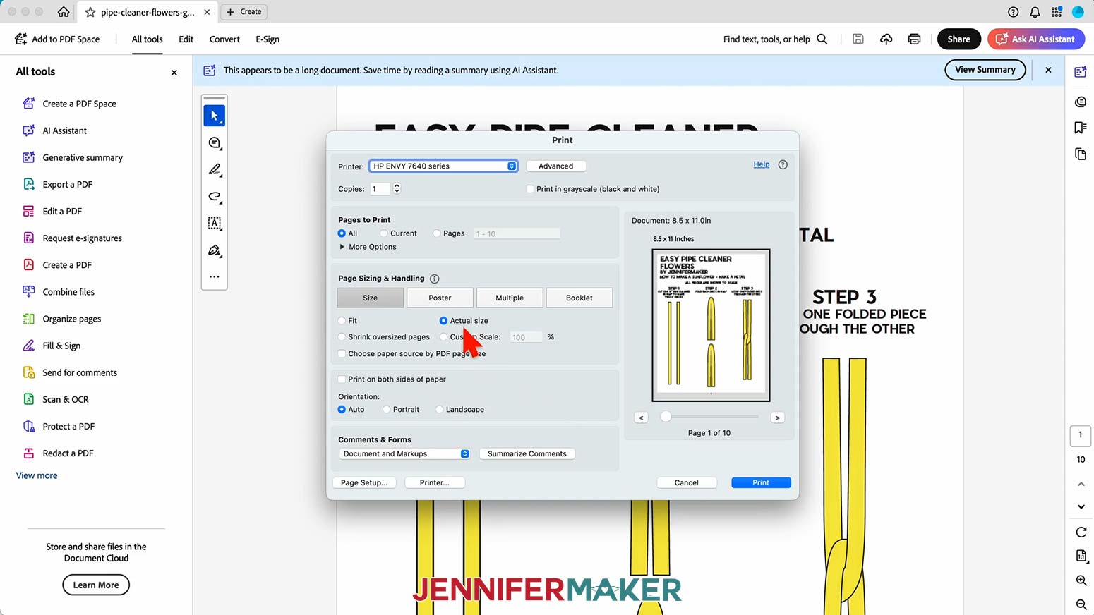 Under “Size,” select “Actual Size” to print the pipe cleaner flower guide for a large sunflower.