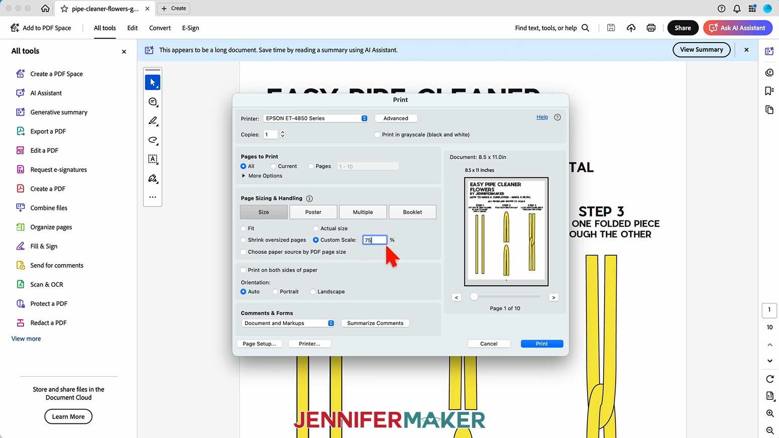 In Adobe Acrobat, select “Custom Scale” and type 75% to make a smaller sunflower.