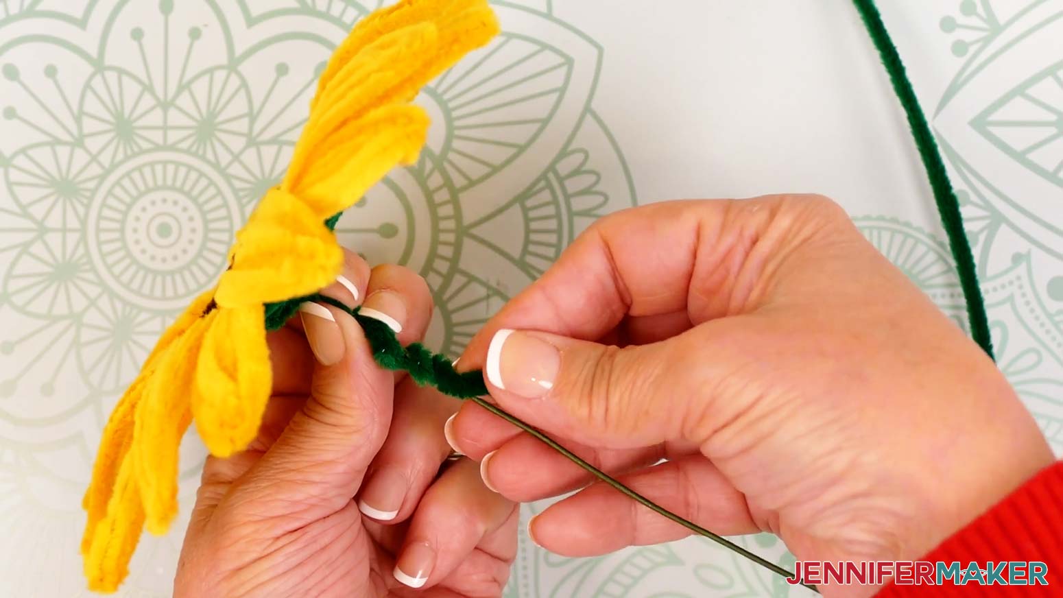 Hold the wire in place and wrap the twisted stem pipe cleaners around it.