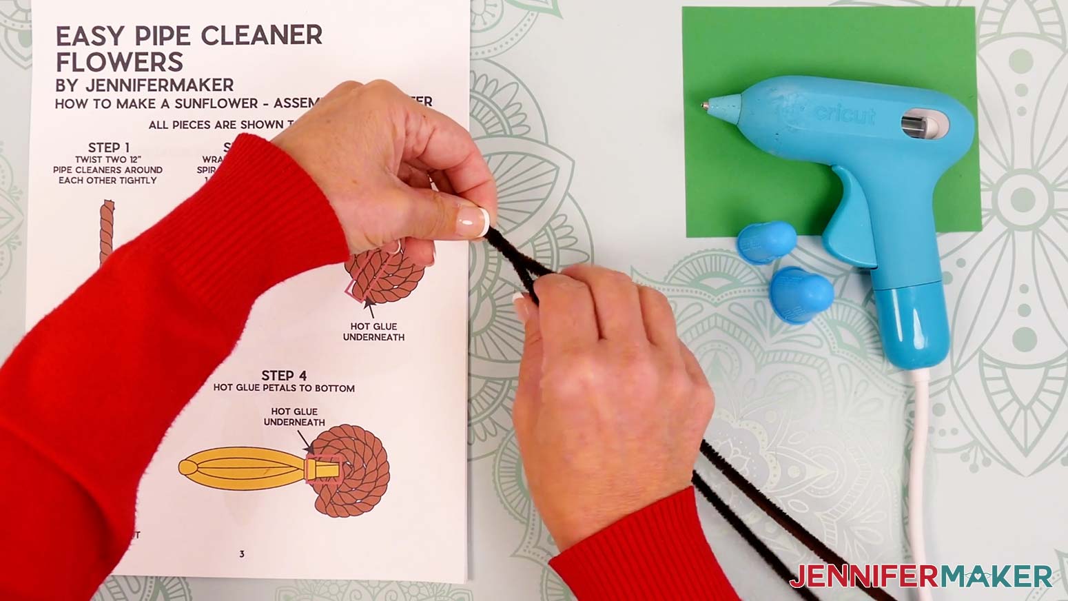 Match the ends of two 12” brown pipe cleaners, then twist them together tightly.