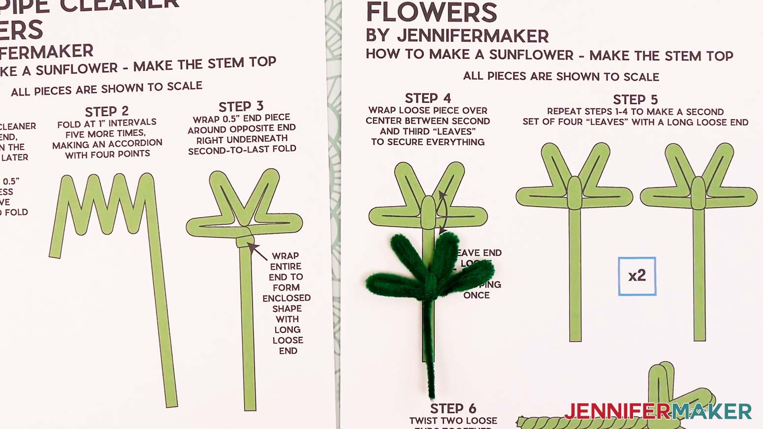 The shaped green sunflower stem section on top of the printed reference sheet.
