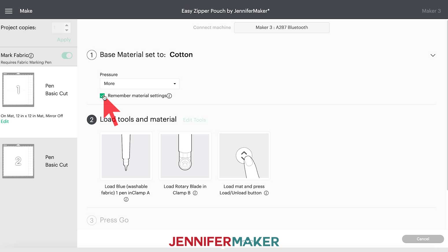 Check box to remember material setting for my easy zipper pouch