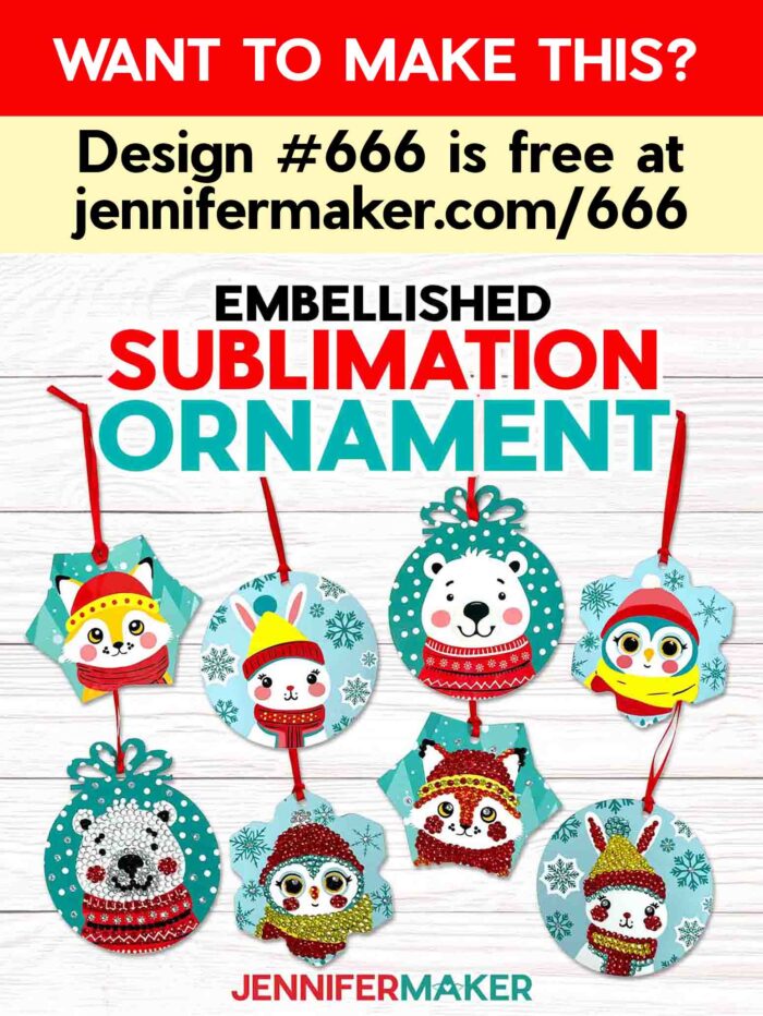 Want to make Embellished Ornaments? Design #666 is free at jennifermaker.com/666. A collection of sublimated Christmas ornaments with cute animal designs sits on a surface. Some of the ornaments are bedazzled in jewels the same colors as the designs