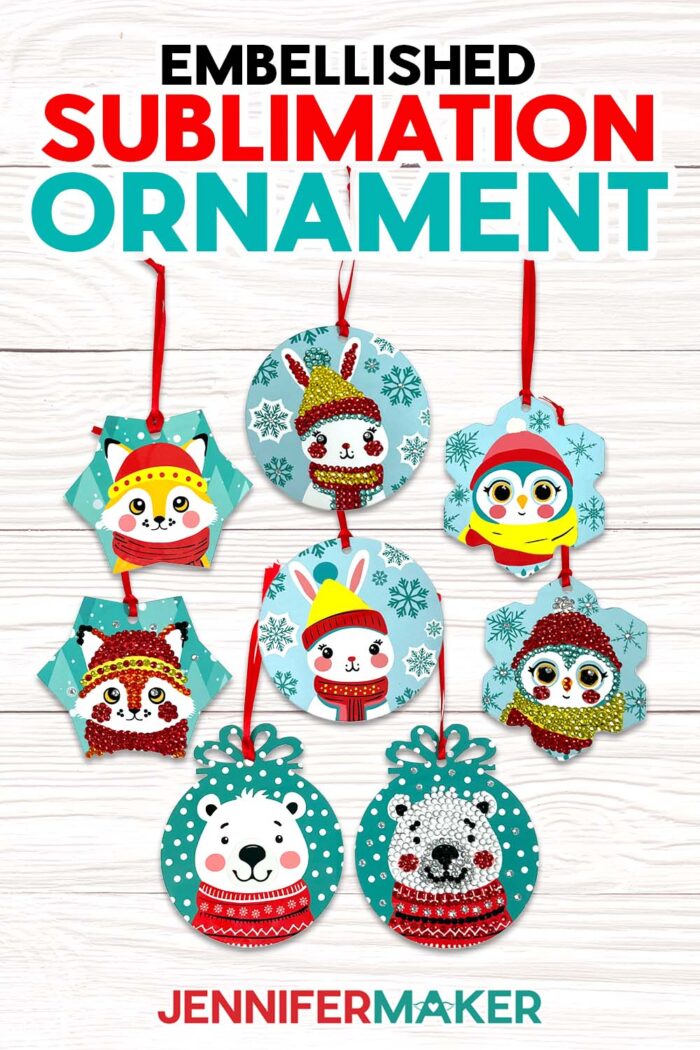 Get free PNG and PDF files to make Embellished Ornaments with cute holiday animal designs and plastic gems. A fox, bear, bunny, and penguin decorate eight different sublimated ornaments