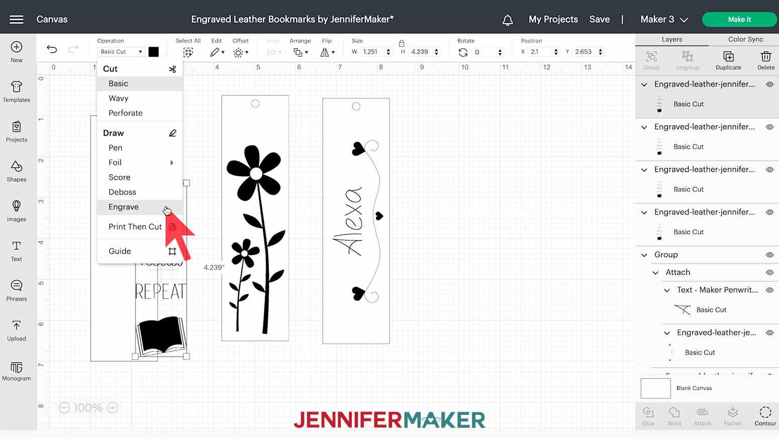 Operation menu in Cricut Design Space showing engraving option for bookmarks.